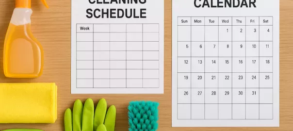 "Städschema och kalender på bord bredvid städutrustning – symboliserar säsongsvis planering av hemstädning för ett rent och organiserat hem året runt"